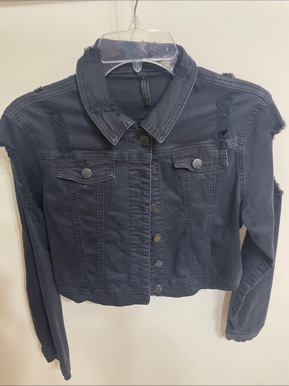 American Bazi Distressed Navy Blue Cropped Denim Jacket. Fits Med-Lg